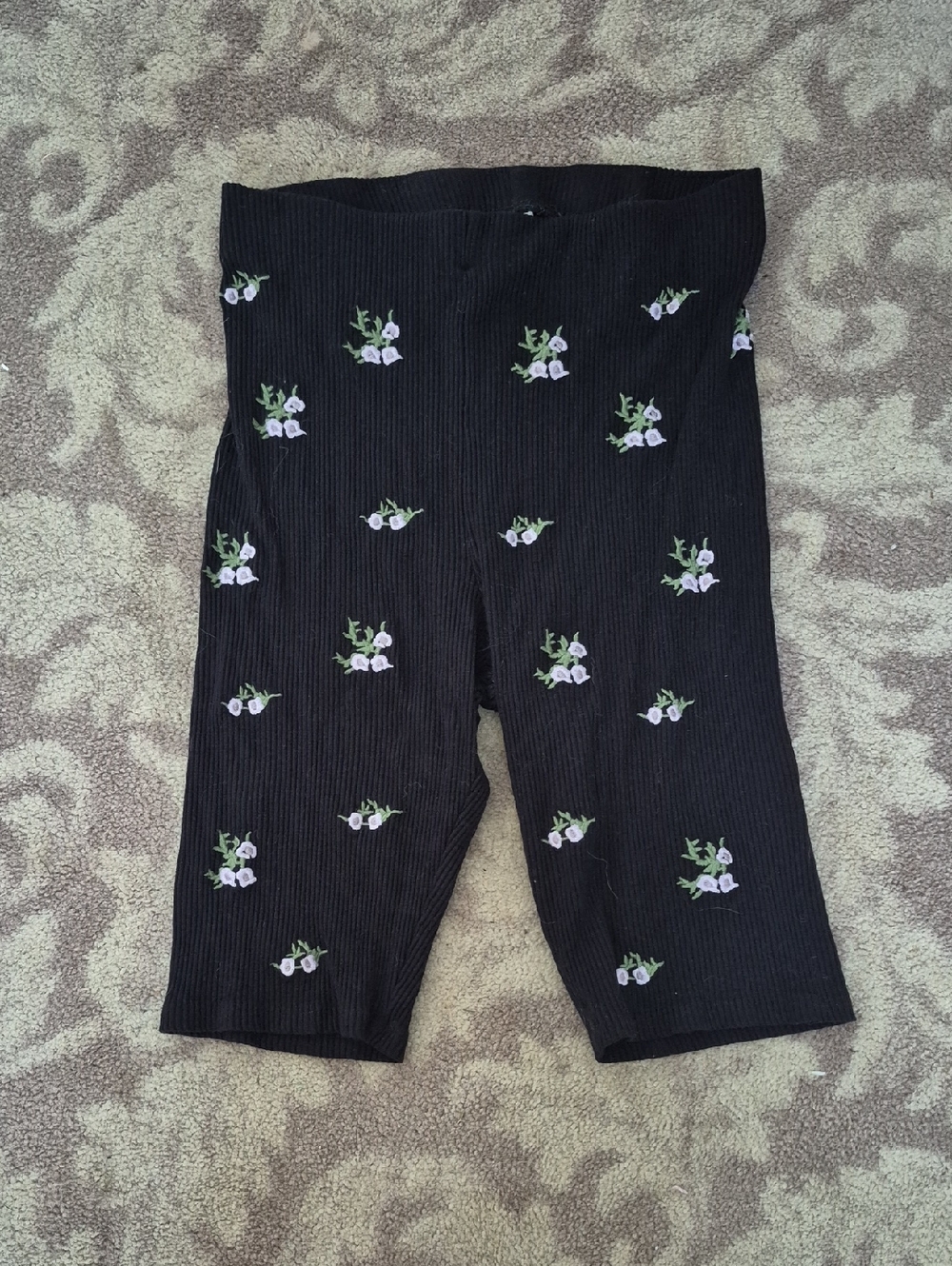 H&M Black Ribbed Shorts with Small Floral Embroidery
